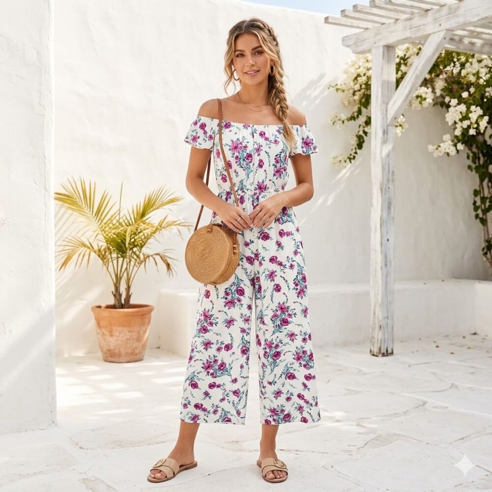 Miami Off Shoulder Tropical Bloom Boho Wide-Leg Jumpsuit Pantsuit SZ M